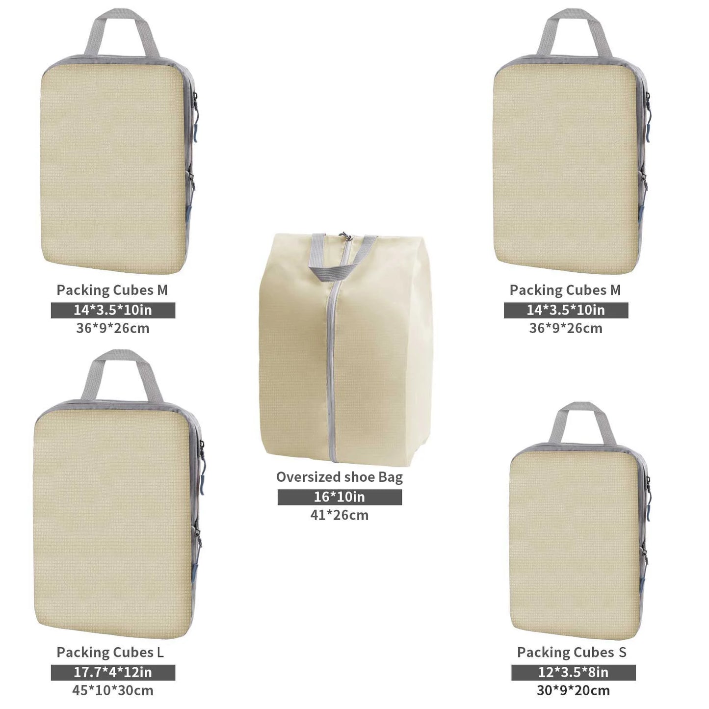 Beige packing cubes in various sizes with handles and labeled dimensions, including large, medium, small, and oversized shoe bag for organized travel