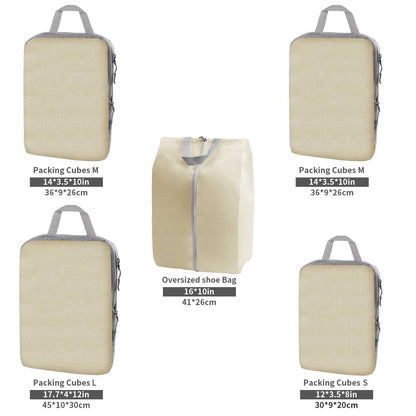 Beige packing cubes in various sizes with handles and labeled dimensions, including large, medium, small, and oversized shoe bag for organized travel