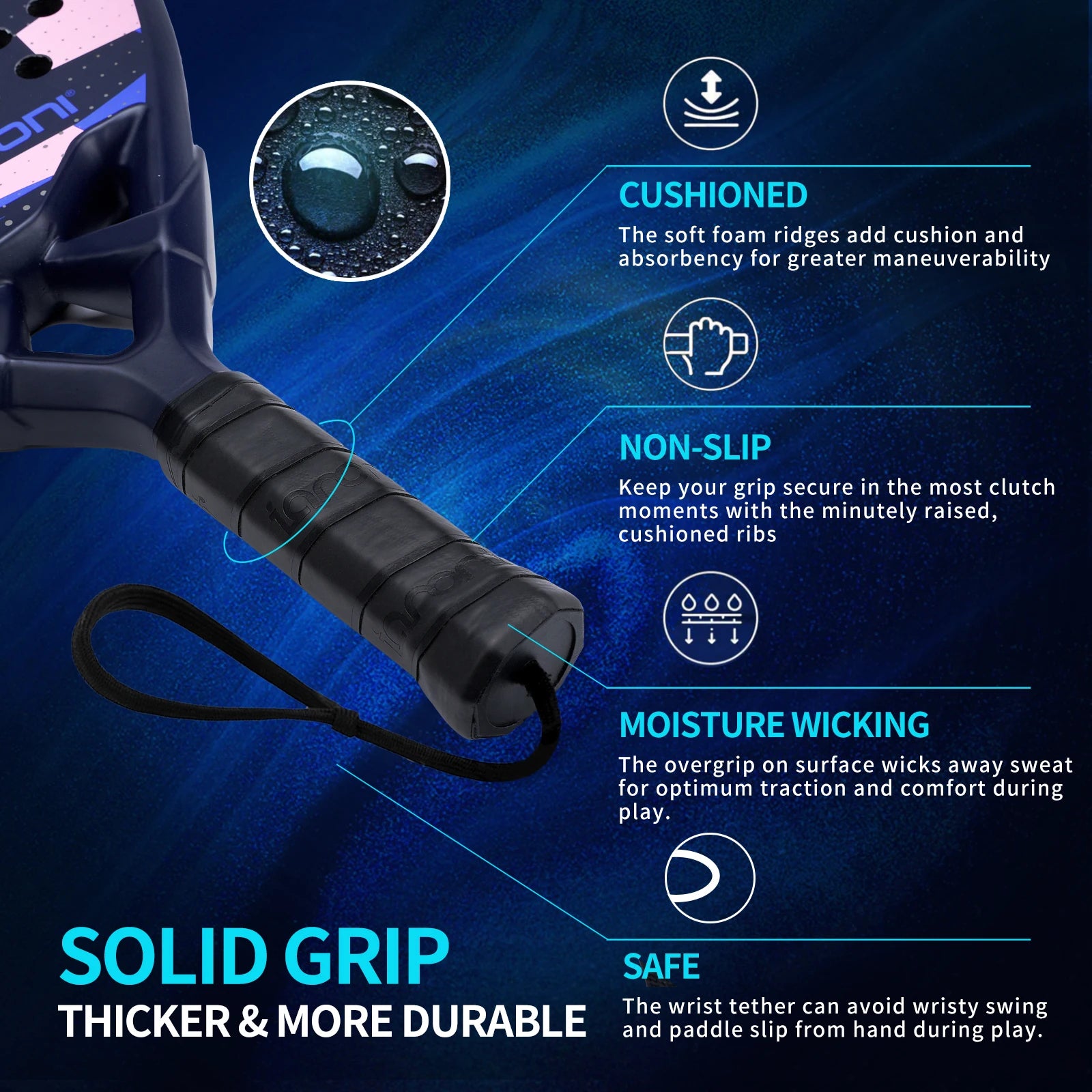 Detailed graphic of padel racquet handle showing cushioned grip, non-slip ribs, moisture wicking surface, and wrist safety tether