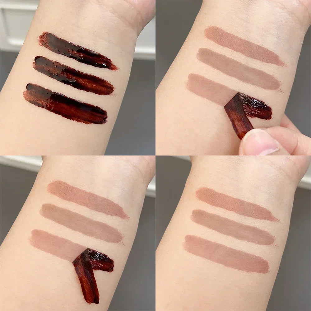 Four-panel image showing peel-off lip liner swatches on arm, demonstrating application, peeling, and final stained colorBeTrendy