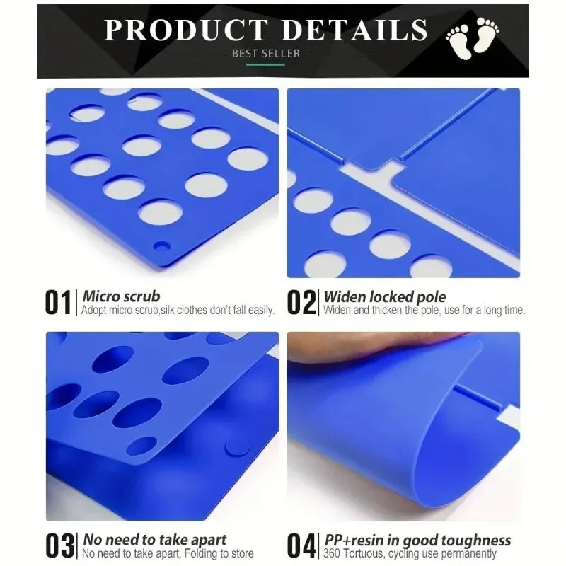 Product detail infographic showing folding board with micro scrub texture, widened locked pole, foldable design, and durable PP+resin material
