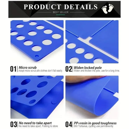 Product detail infographic showing folding board with micro scrub texture, widened locked pole, foldable design, and durable PP+resin material