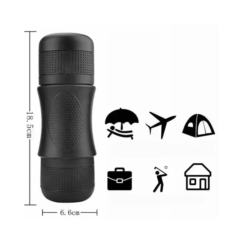 Black manual espresso maker with measurements of 18.5 cm height and 6.6 cm width, shown alongside icons for travel, camping, flights, work, and home use