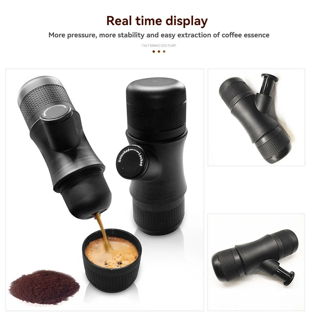 Multiple views of a black portable hand-press espresso maker in action, showcasing coffee being extracted into a cup with ground coffee beside it.  BeTrendy