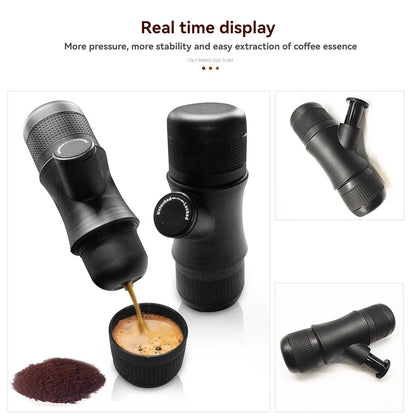 Multiple views of a black portable hand-press espresso maker in action, showcasing coffee being extracted into a cup with ground coffee beside it.  BeTrendy