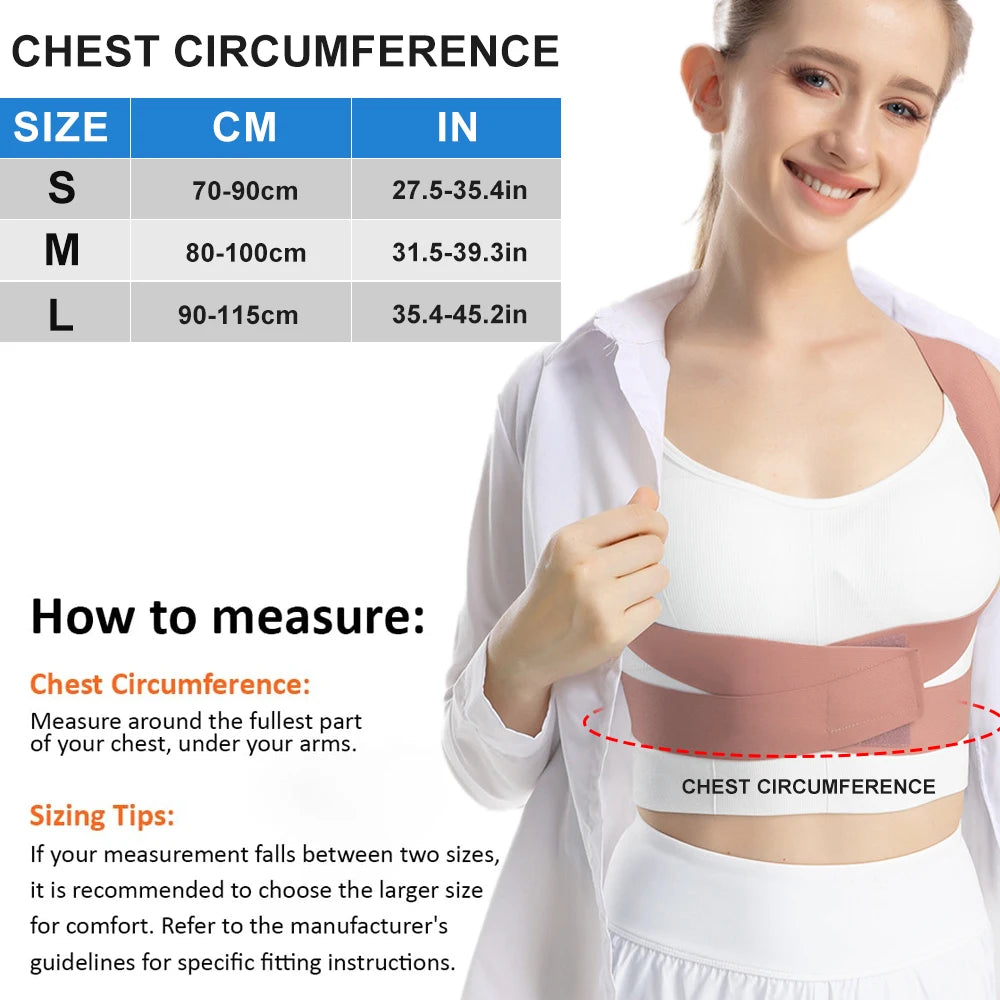 Posture corrector size chart with chest circumference in cm and inches, and guide on how to measure under bust for proper fit