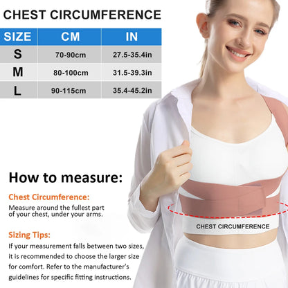 Posture corrector size chart with chest circumference in cm and inches, and guide on how to measure under bust for proper fit