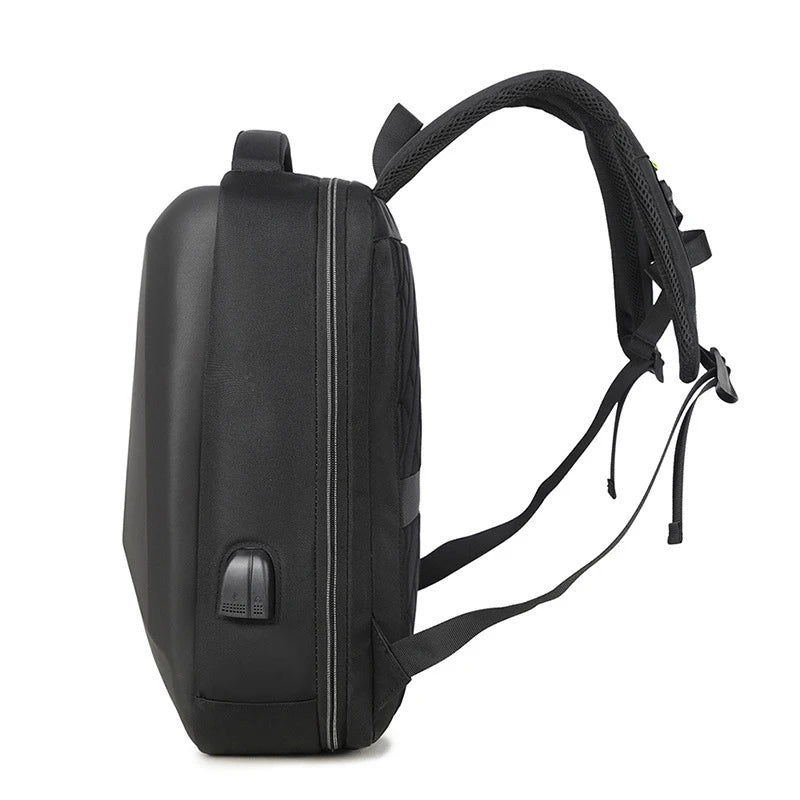 Side profile of a hard-shell laptop backpack showing thickness, structure, and USB charging port.
