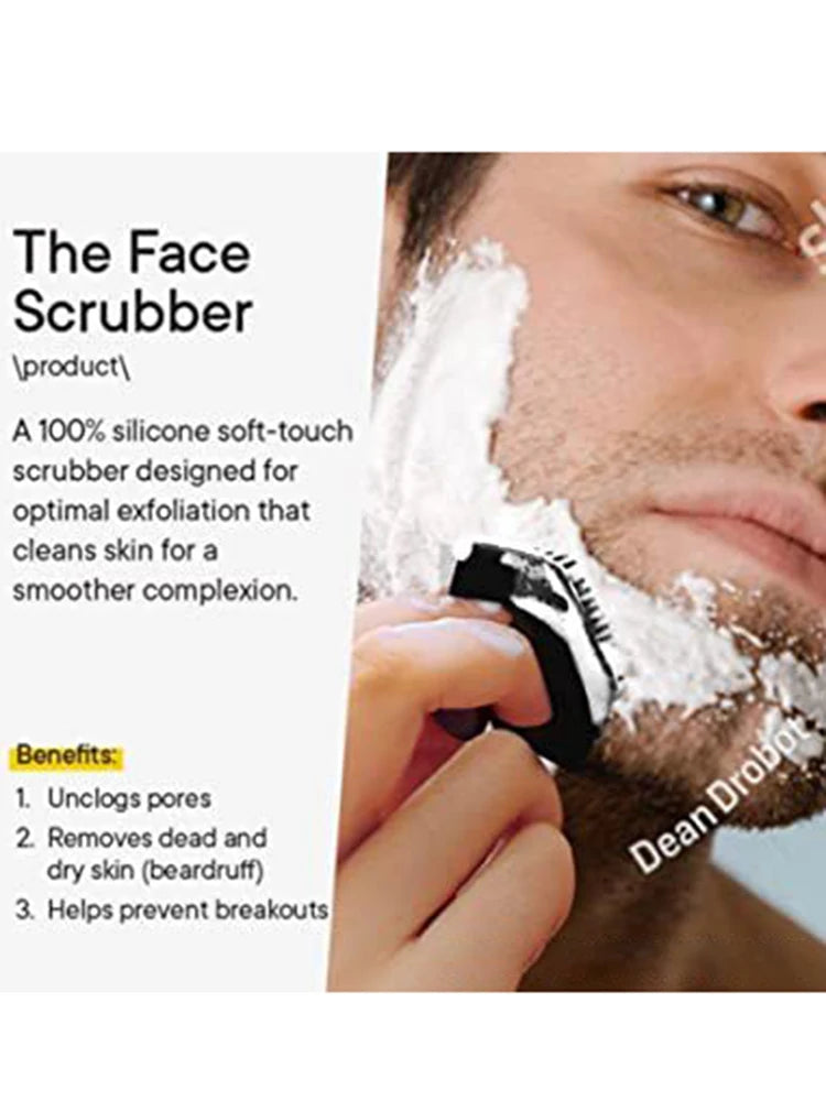 Man using silicone face scrubber to exfoliate beard area and cleanse skin for smoother complexion