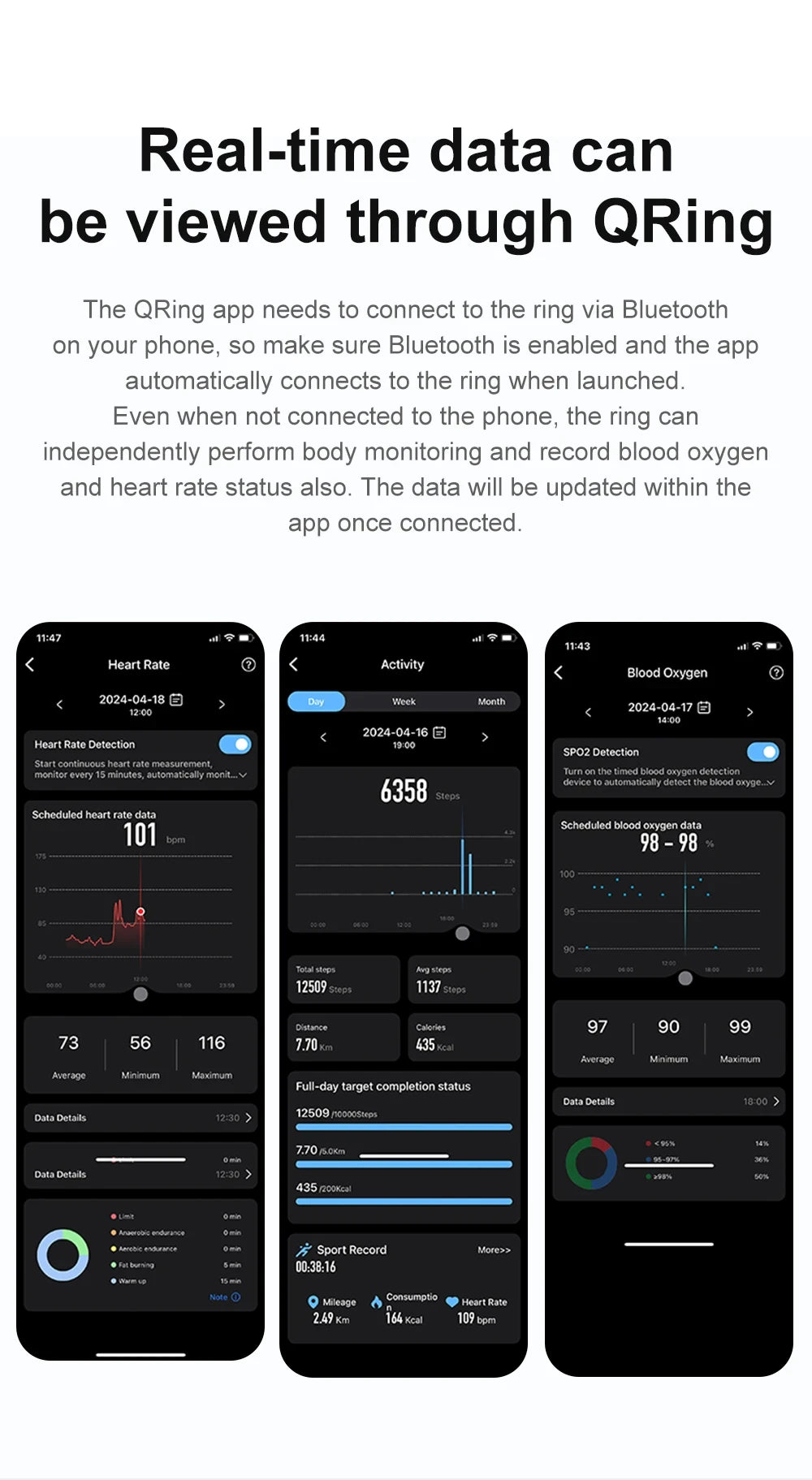 Three smartphone screens displaying real-time health tracking from the QRing app, including heart rate, daily steps, calories burned, and blood oxygen levels.