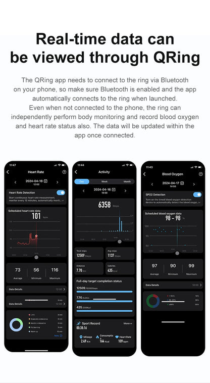 Three smartphone screens displaying real-time health tracking from the QRing app, including heart rate, daily steps, calories burned, and blood oxygen levels.