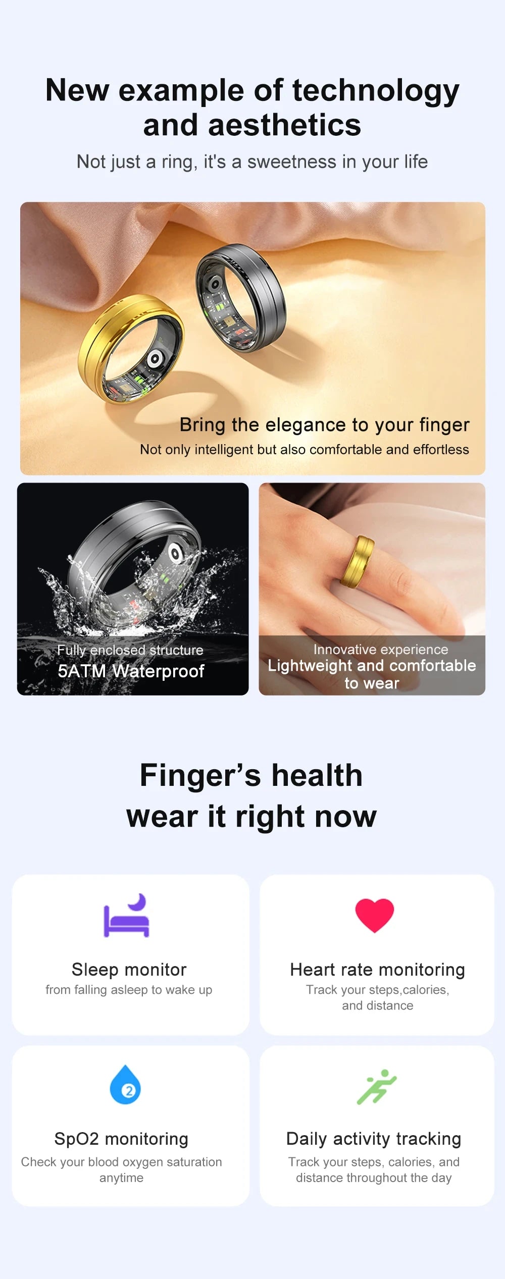 Overview of smart ring health functions including stress tracking, daily activity monitoring, and aesthetics.