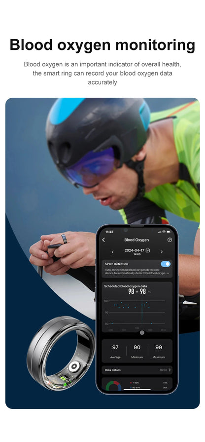 Cyclist wearing a smart ring while monitoring blood oxygen levels through a connected app, highlighting health tracking for athletic performance.