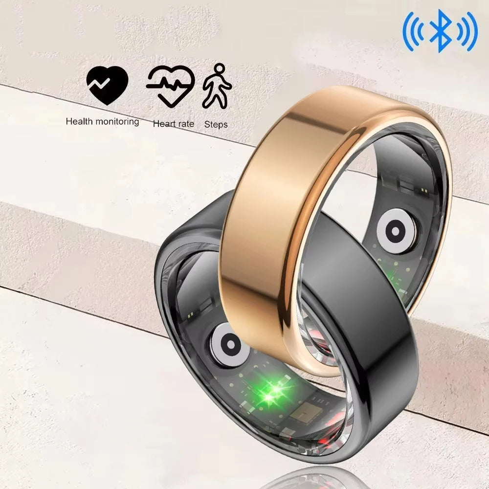 Black and gold smart rings with built-in sensors for heart rate, step tracking, and health monitoring – compatible with iOS and Android.