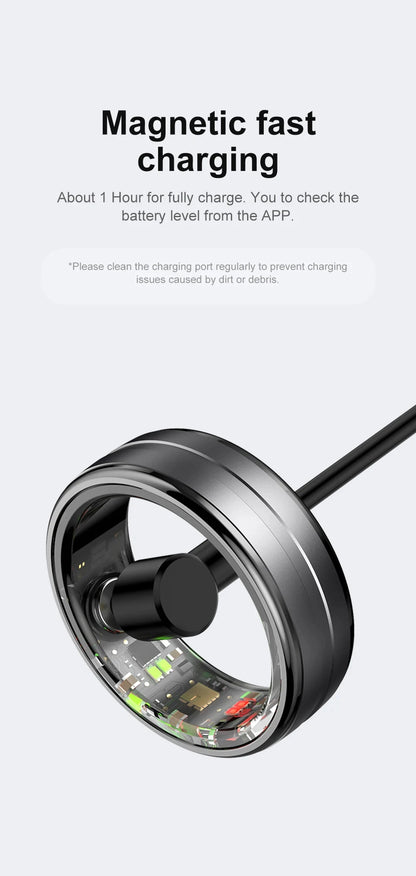Close-up of smart ring attached to a magnetic fast-charging dock, highlighting 1-hour full charge capability and internal electronic components.