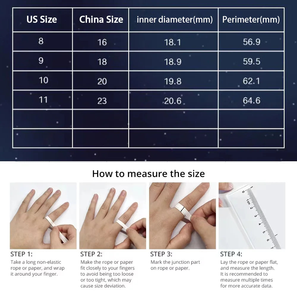 Smart ring sizing chart with US and China sizes, diameter, and visual guide to measuring ring size.