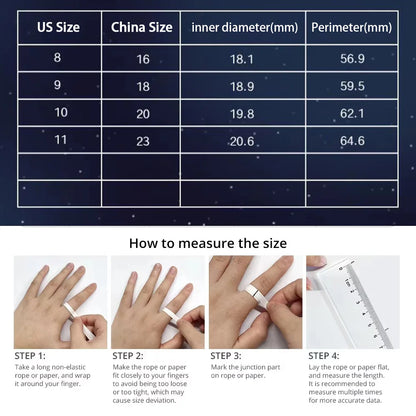 Smart ring sizing chart with US and China sizes, diameter, and visual guide to measuring ring size.