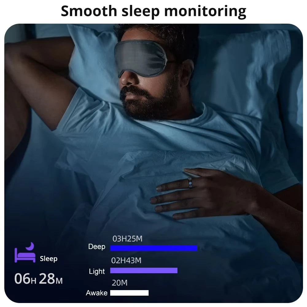 Man wearing smart ring during sleep with app interface showing light, deep, and awake sleep data.