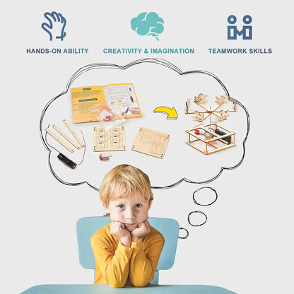 Child imagining assembling electric carousel from wooden STEM parts to enhance creativity and teamwork