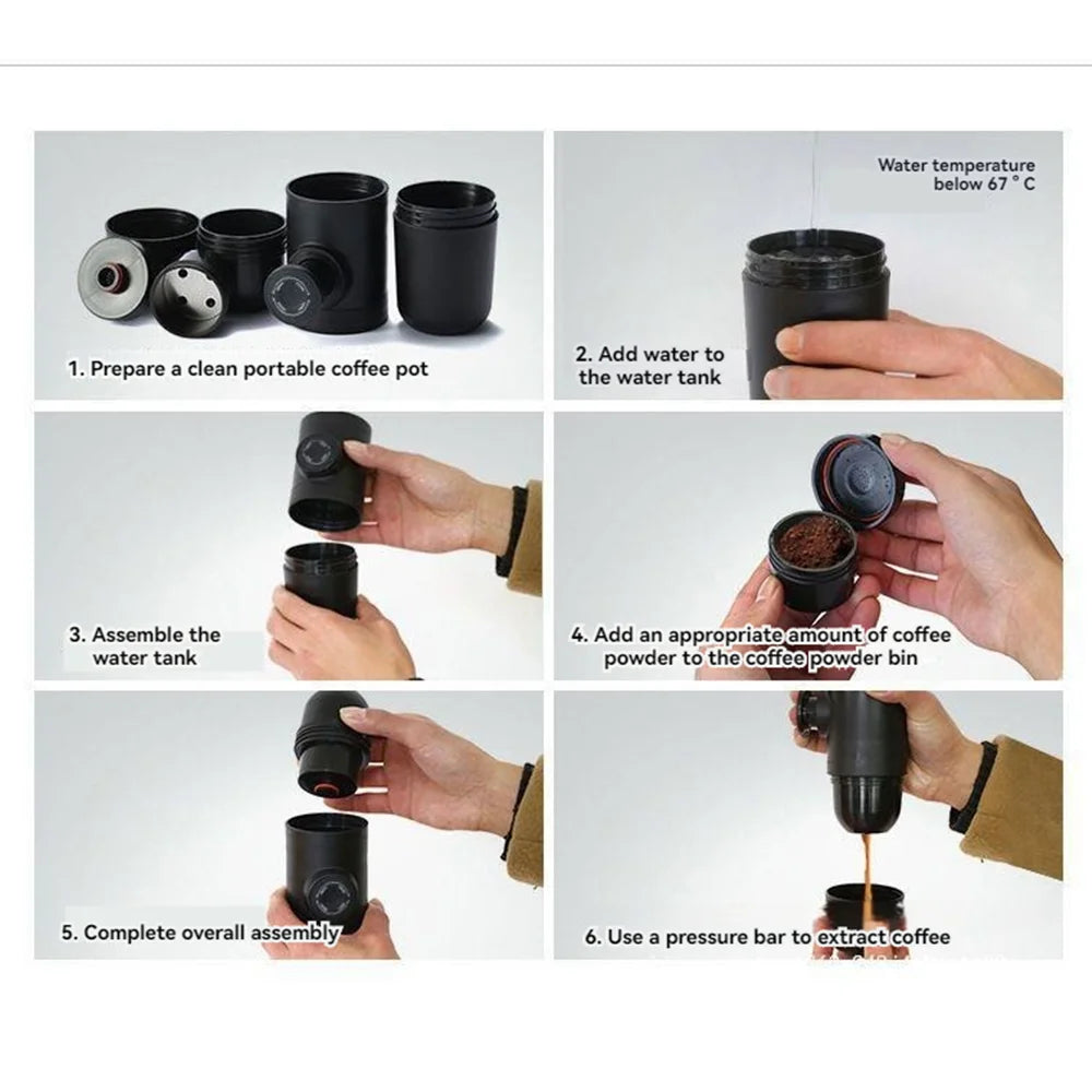 Step-by-step visual guide showing how to assemble and use a black portable espresso coffee maker, from filling with water and coffee grounds to extracting coffee using a manual pressure bar
