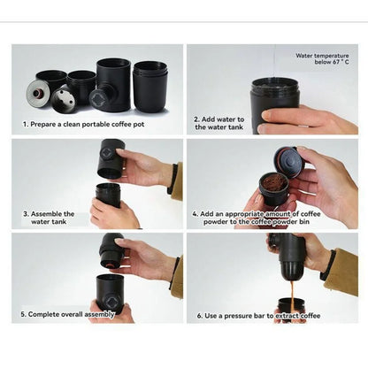 Step-by-step visual guide showing how to assemble and use a black portable espresso coffee maker, from filling with water and coffee grounds to extracting coffee using a manual pressure bar