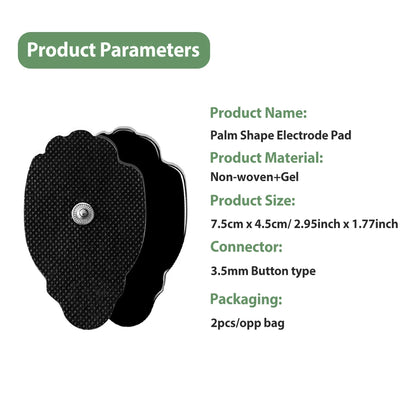 Product parameters of oval TENS EMS pad with material and connector details
