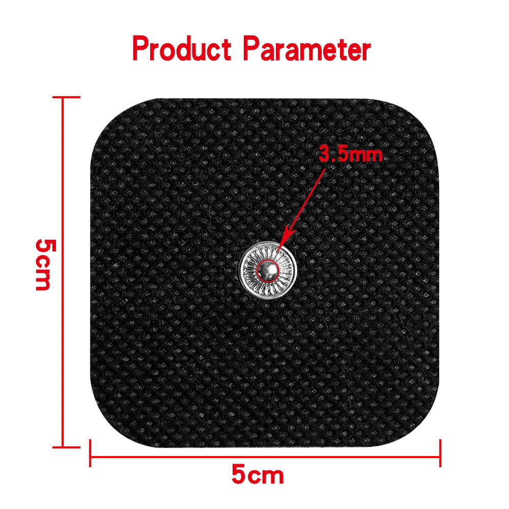 Size and dimension diagram of square electrode pad (5cm x 5cm) with snap connector
