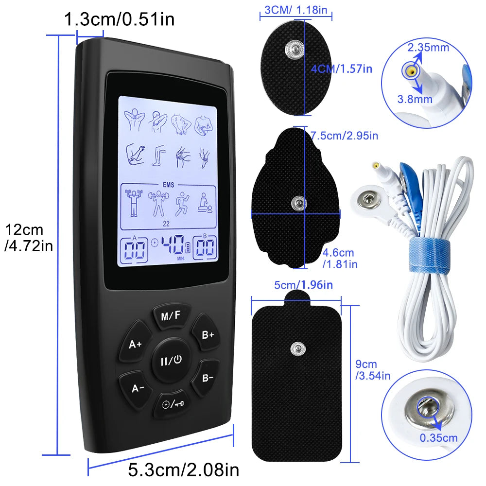 TENS EMS device with cables, pads, and size dimensions for accurate measurement