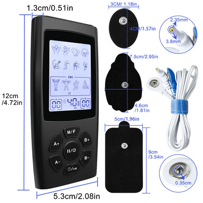TENS EMS device with cables, pads, and size dimensions for accurate measurement
