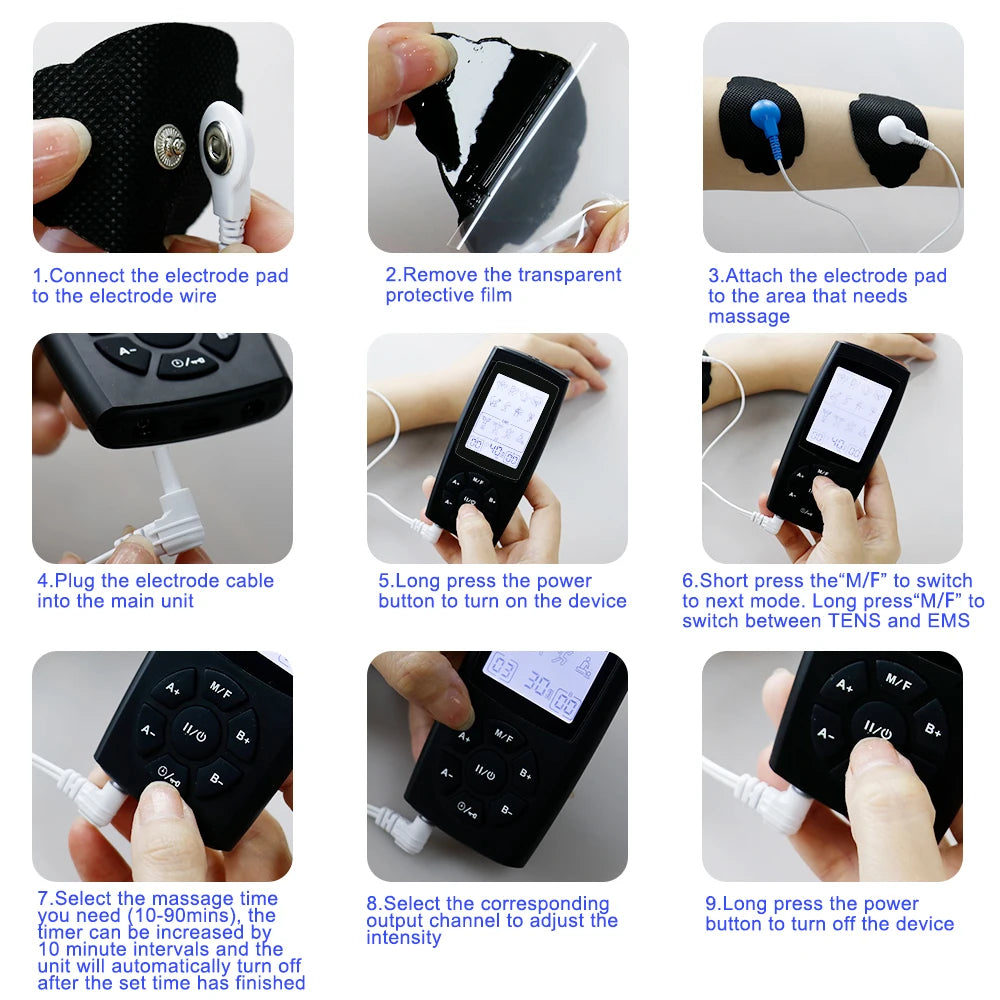 Step-by-step guide to applying pads and using the EMS TENS muscle stimulator