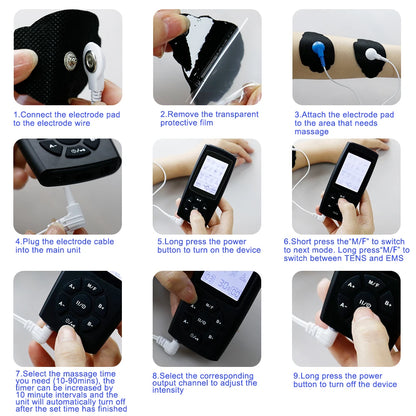 Step-by-step guide to applying pads and using the EMS TENS muscle stimulator
