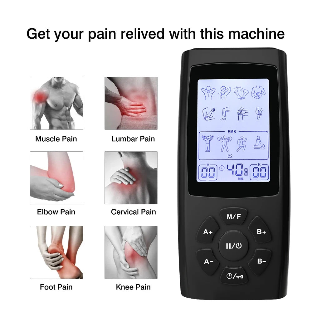 Muscle stimulator highlighting areas of pain relief including waist, knee, shoulder, and feet