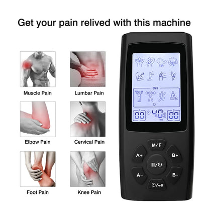 Muscle stimulator highlighting areas of pain relief including waist, knee, shoulder, and feet