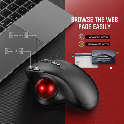 Ergonomic trackball mouse with forward and backward navigation buttons for easy web browsing on laptops.