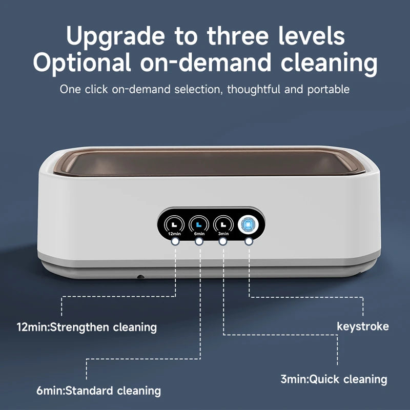Ultrasonic cleaner with 3-level cleaning options including 3-minute quick, 6-minute standard, and 12-minute deep cleaning