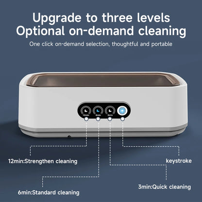 Ultrasonic cleaner with 3-level cleaning options including 3-minute quick, 6-minute standard, and 12-minute deep cleaning
