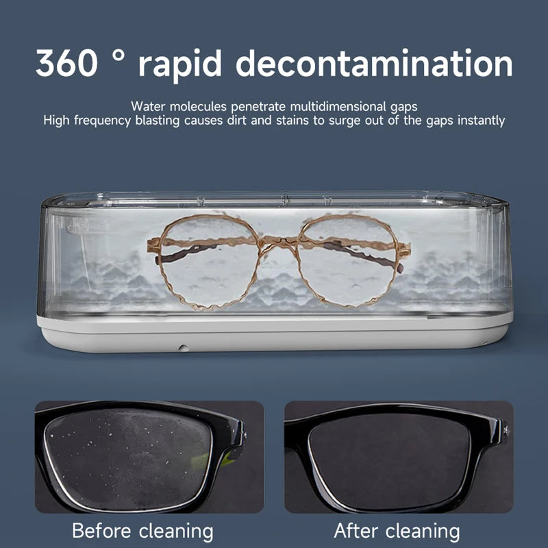Ultrasonic cleaner showing 360° deep cleaning of glasses with before and after comparison of lens clarity