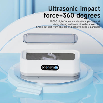 Ultrasonic cleaner with open lid demonstrating 49000Hz high-frequency 360° cleaning technology for deep object cleansing