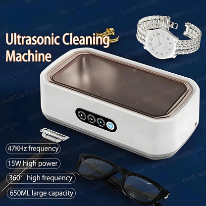 High-frequency ultrasonic cleaning machine with 650ML capacity, ideal for cleaning jewelry, glasses, razors, and watches