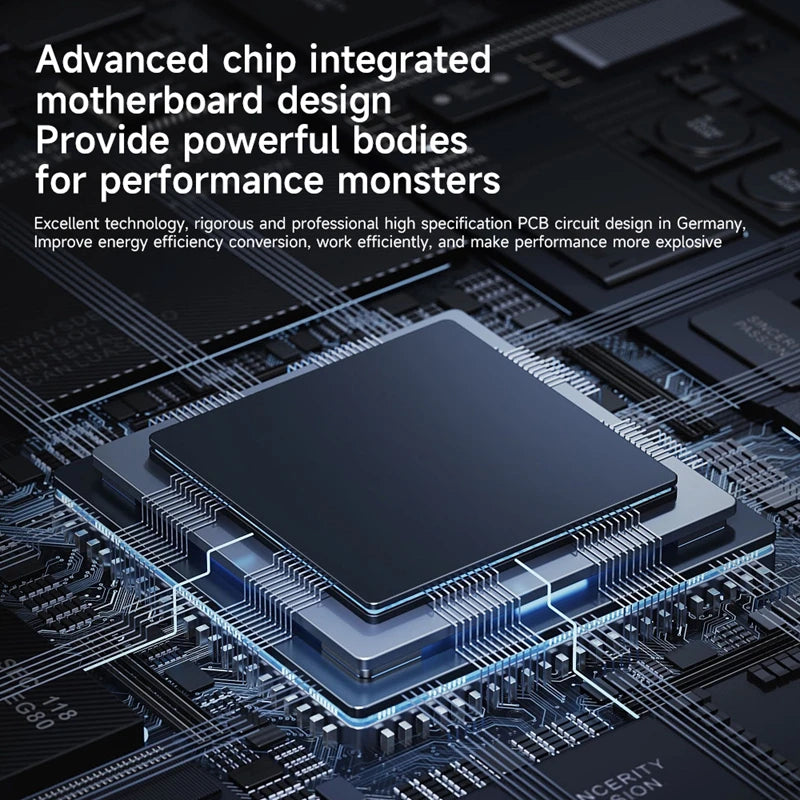 Close-up of advanced chip integrated into motherboard, showcasing German PCB circuit design for improved energy efficiency and ultrasonic cleaning performance