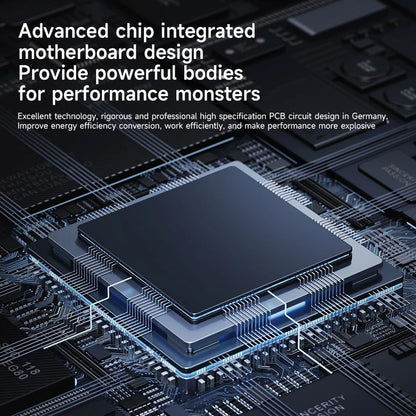 Close-up of advanced chip integrated into motherboard, showcasing German PCB circuit design for improved energy efficiency and ultrasonic cleaning performance