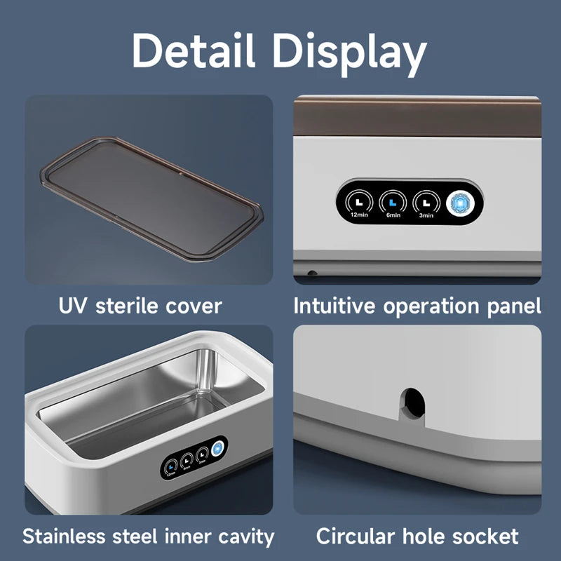 Detailed view of ultrasonic cleaner features including UV sterile cover, intuitive control panel, stainless steel inner cavity, and circular hole socket