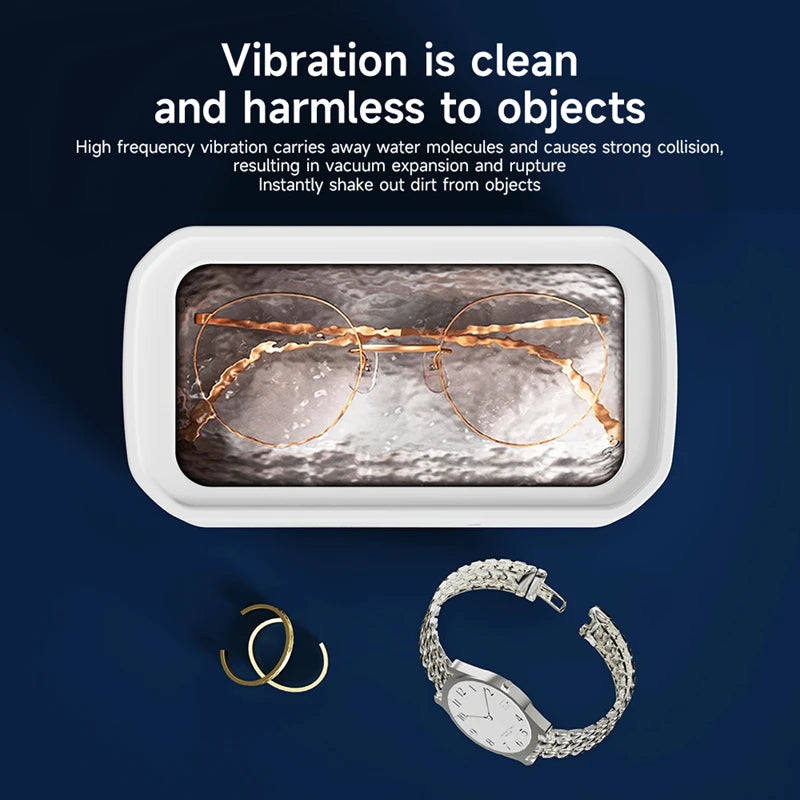 Ultrasonic cleaner with glasses submerged, showing safe vibration cleaning for jewelry, watches, and metal accessories
