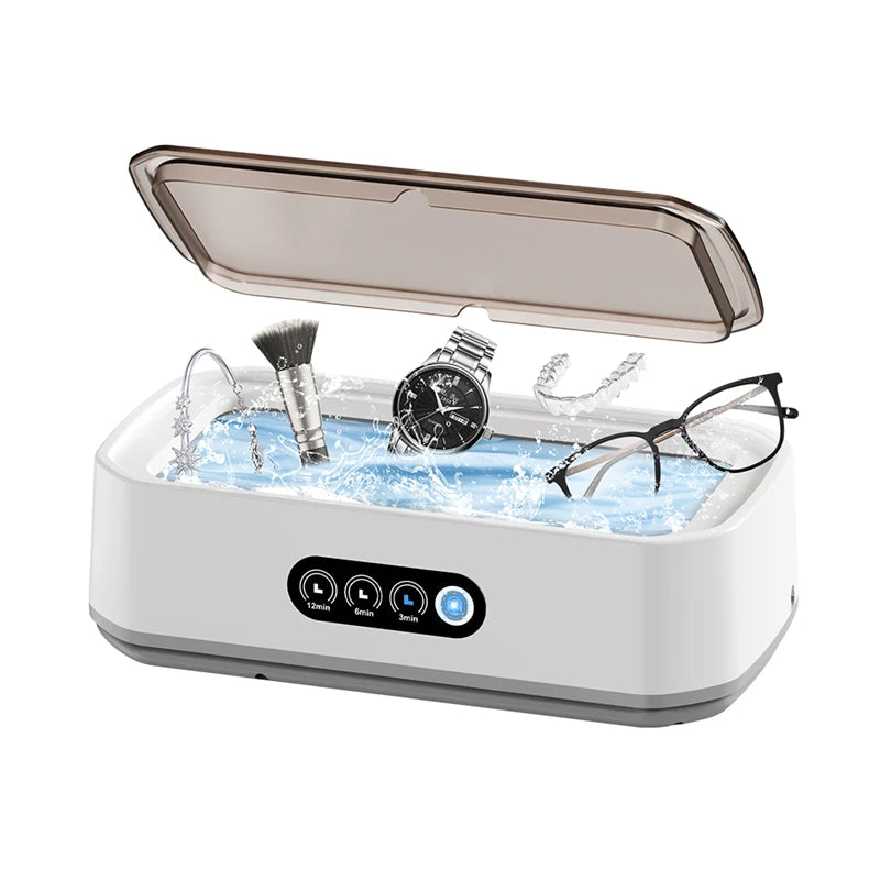 Ultrasonic cleaner with water splashing while cleaning glasses, jewelry, watch, makeup brush, and dental retainer