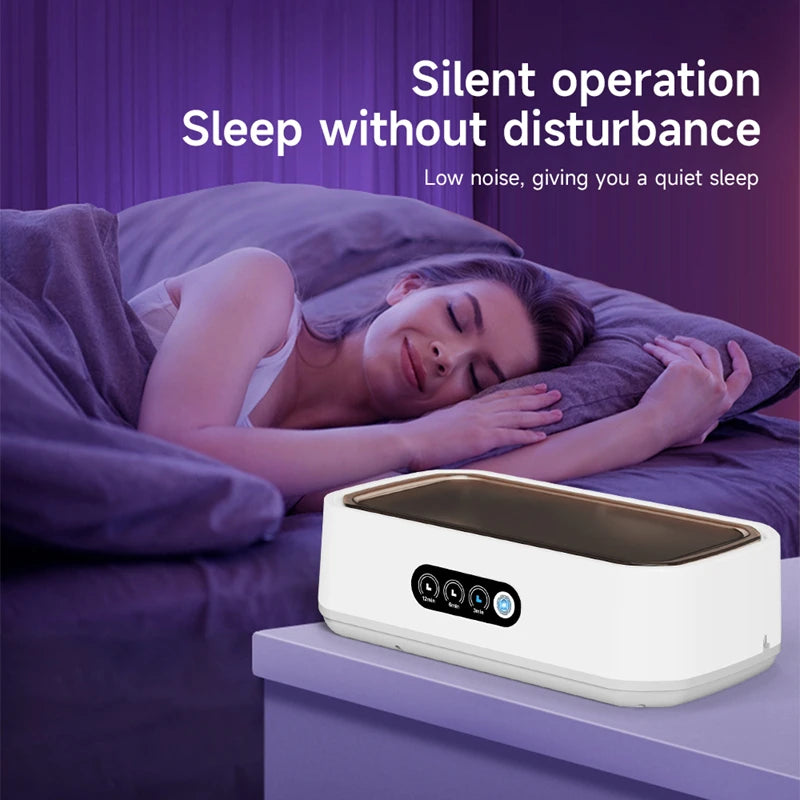 Woman sleeping peacefully beside a silent ultrasonic cleaning machine on a nightstand, promoting quiet operation for undisturbed sleep