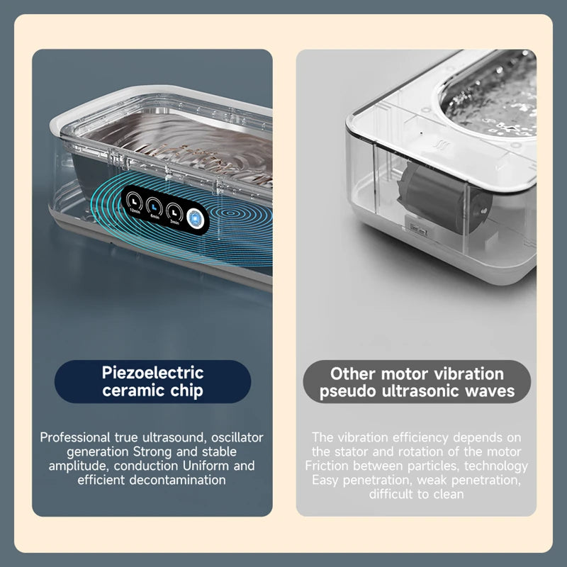 Comparison between ultrasonic cleaner with piezoelectric ceramic chip and a motor vibration pseudo-ultrasonic device, highlighting cleaning efficiency and technology differences