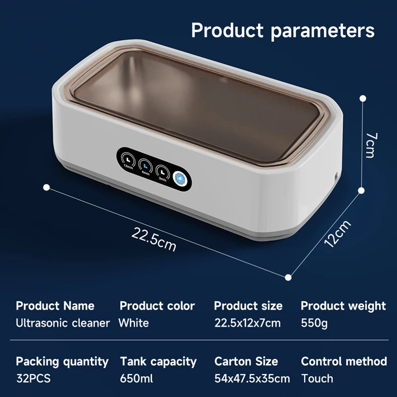 Ultrasonic cleaner with product dimensions 22.5x12x7cm, 650ml tank capacity, 550g weight, touch control, and white color