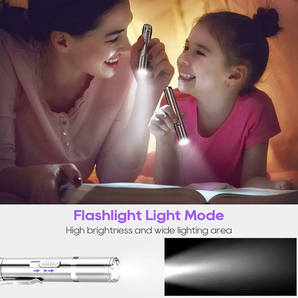 Mother and daughter using USB laser pointer in flashlight mode, showing bright beam and cozy bedtime lighting.