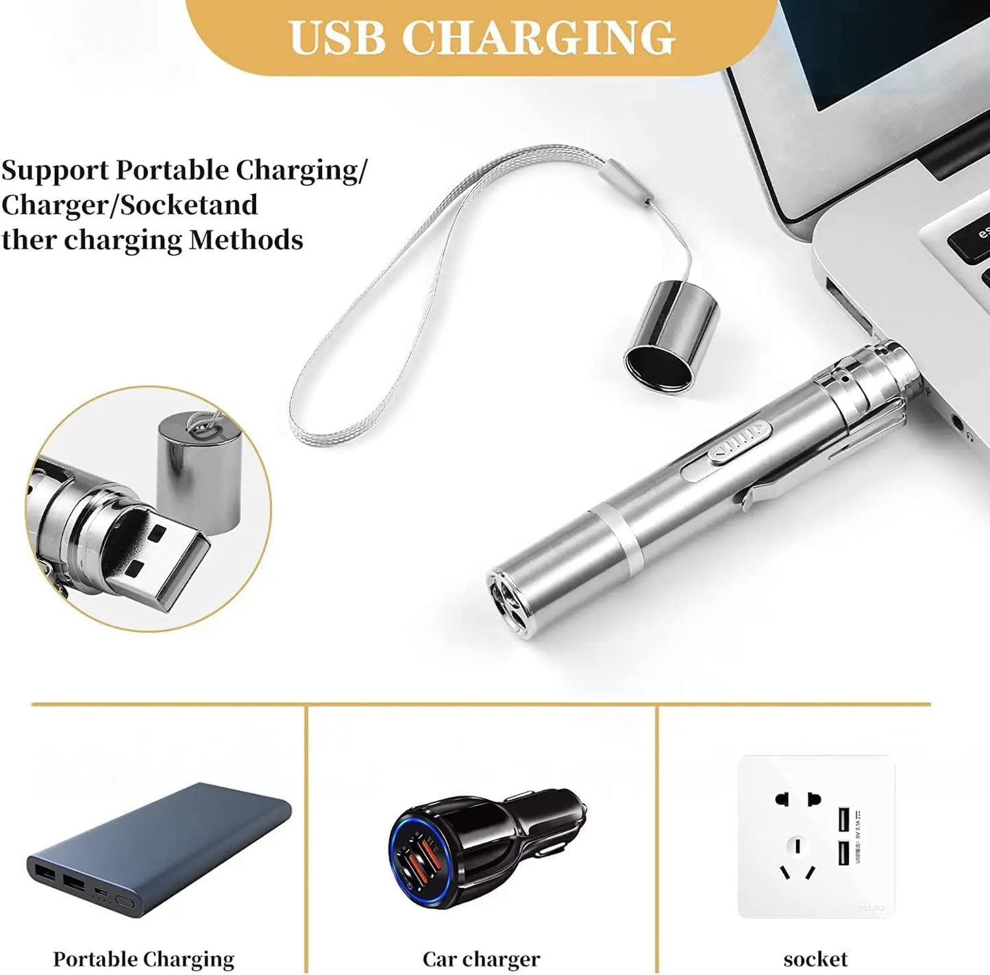 Laser pointer showing USB charging methods including power bank, car charger, and wall adapter.