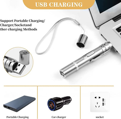 Laser pointer showing USB charging methods including power bank, car charger, and wall adapter.